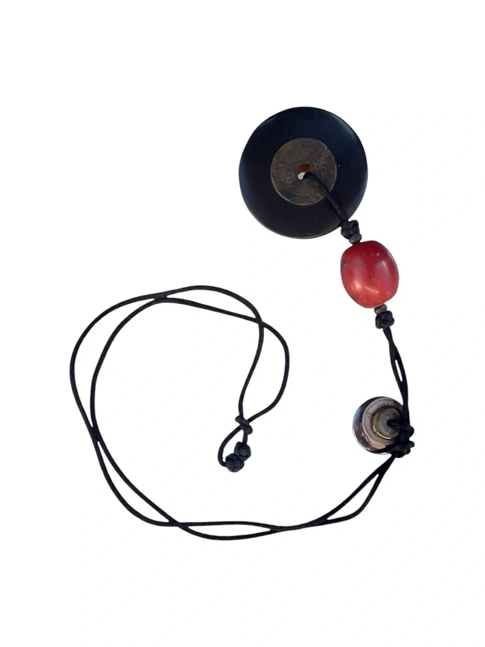 Asian Chinese Coin Donut Medallion Pendant Cord Necklace